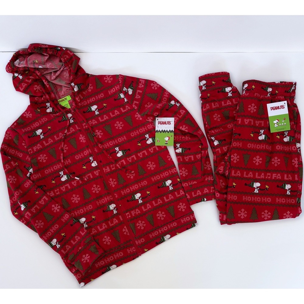 NEW Peanuts Snoopy Matching Fair Isle Christmas Hoodie Jogger Pajama Set S Red